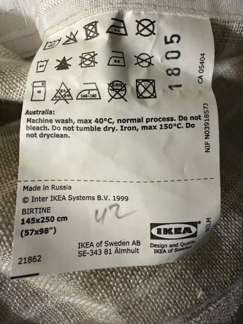Ikea Birtine Beige Stripe 100% Linen Curtain Panel 57